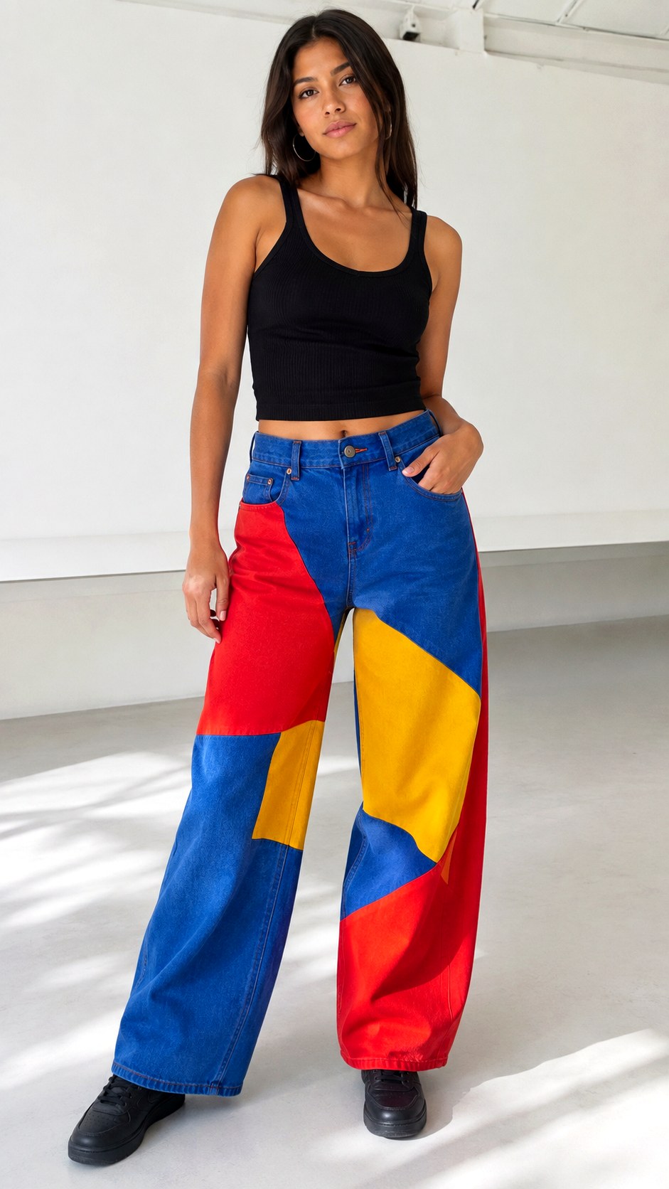 Bold Geometric Color Block Jeans - 24 acrylic painted wide leg jeans ideas