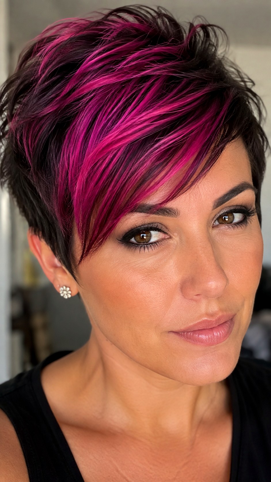 Bold Hot Pink Highlights on Pixie - 25 hot pink hair color highlights ideas