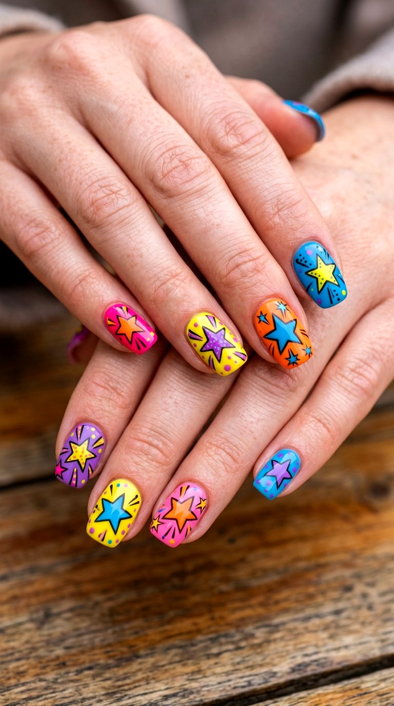 Bold Pop Art Star Nails - 22 colorful mix and match star nail ideas