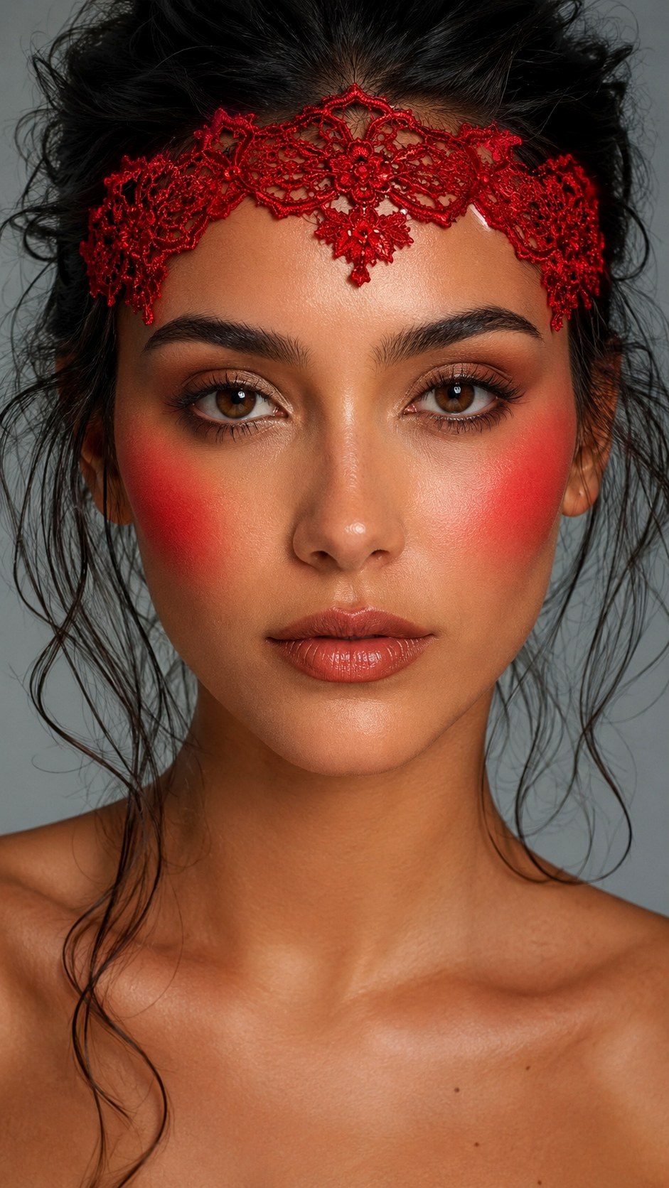 Bold Red Lace Forehead Crown - 21 lace makeup ideas