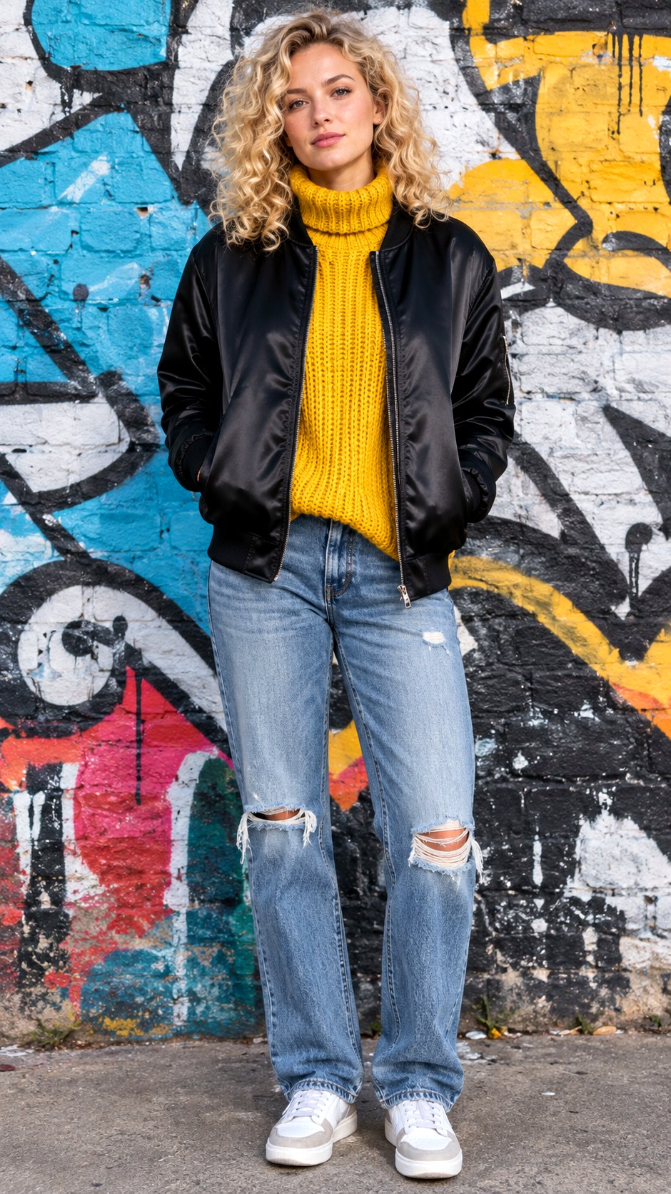 Bomber Jacket and Chunky Turtleneck - 22 layered fall fashion outfit ideas