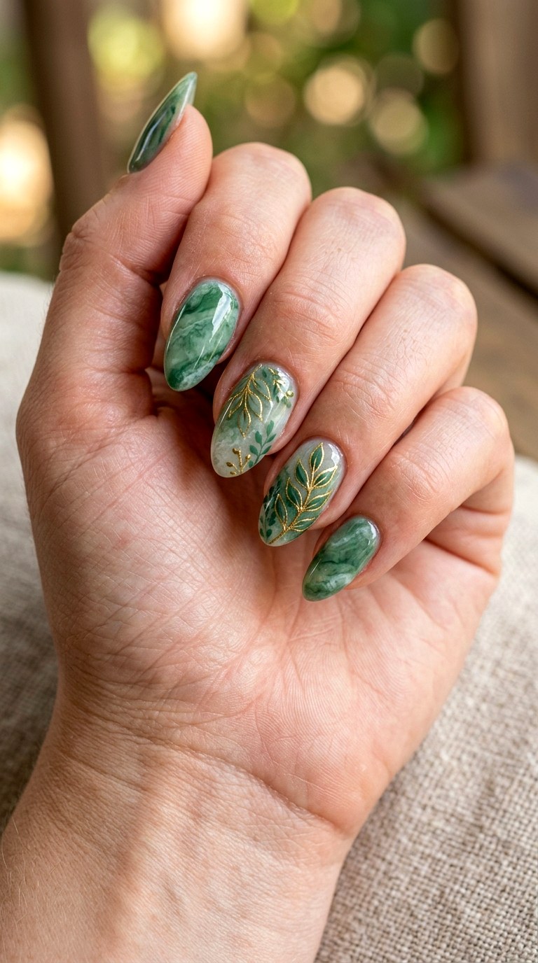 Botanical Green Stone Nails - 23 rendering green stone Nail ideas