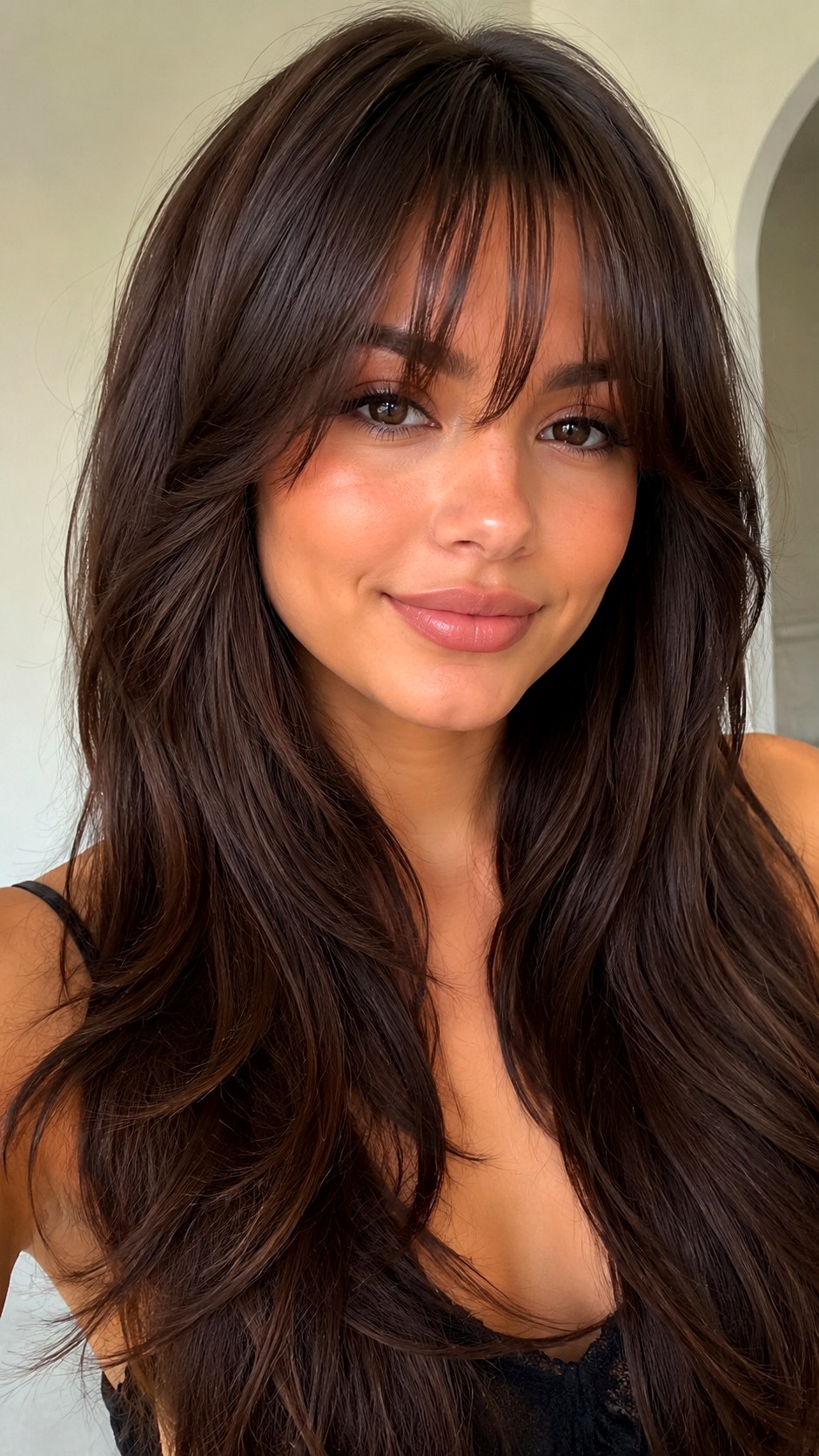 Bottleneck Bangs with V Cut Layers - 20 Long Layered Hair with Bangs Ideas