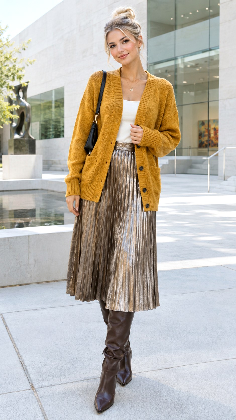 Boyfriend Cardigan and Pleated Skirt - 25 outfit inspo fall ideas