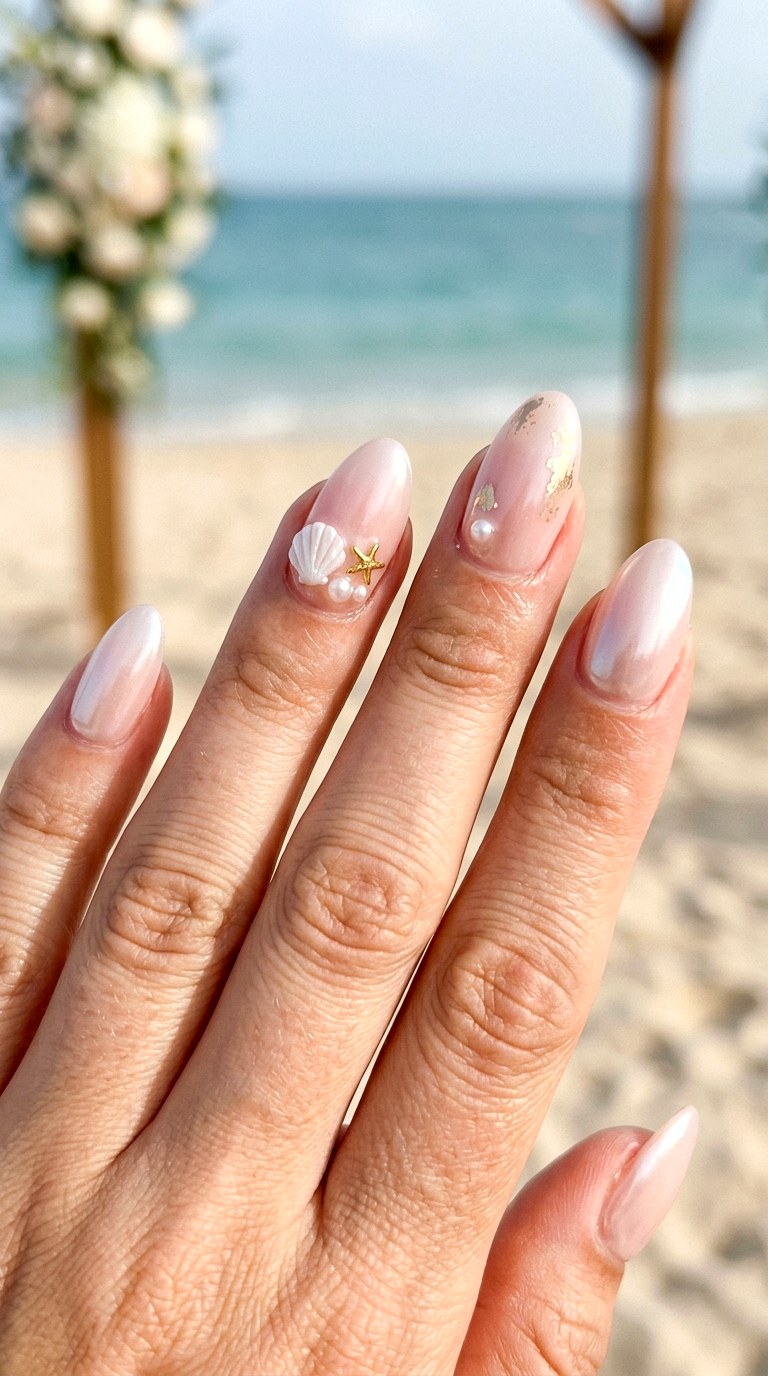 Bridal Pearl Gold Starfish Nails - 23 Iridescent Pearl and gold starfish shell nail shimmer design ideas