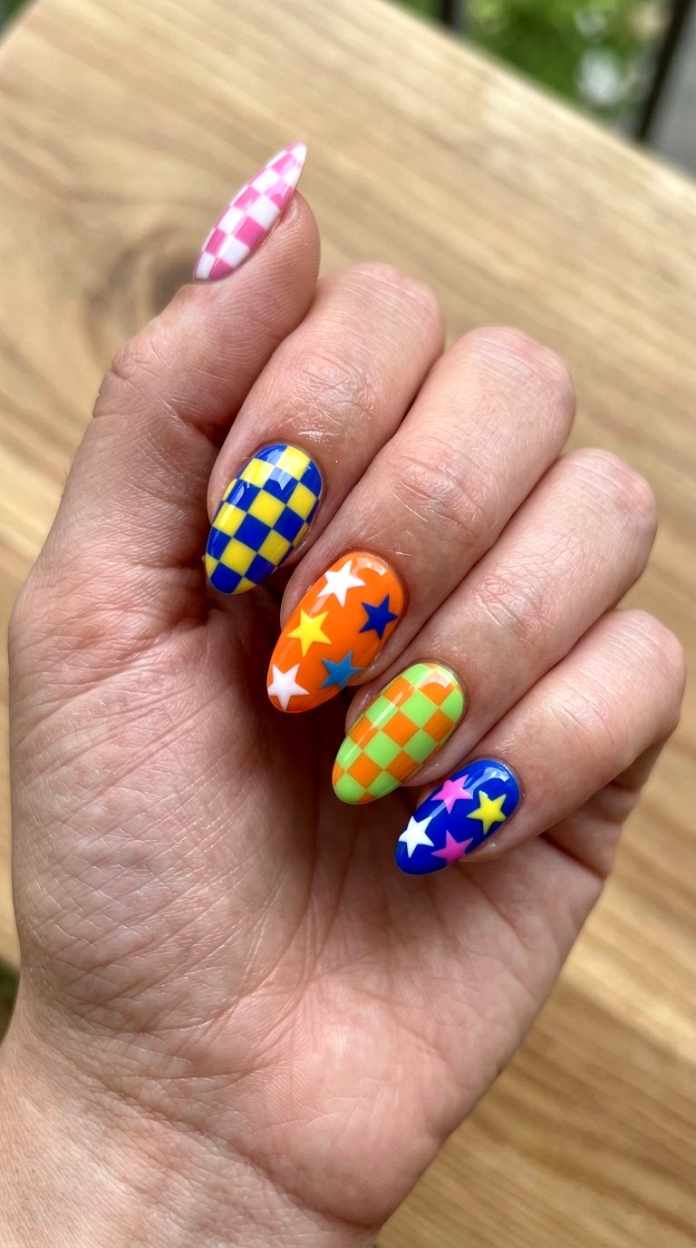 Bright Checkerboard Star Nails - 22 colorful mix and match star nail ideas