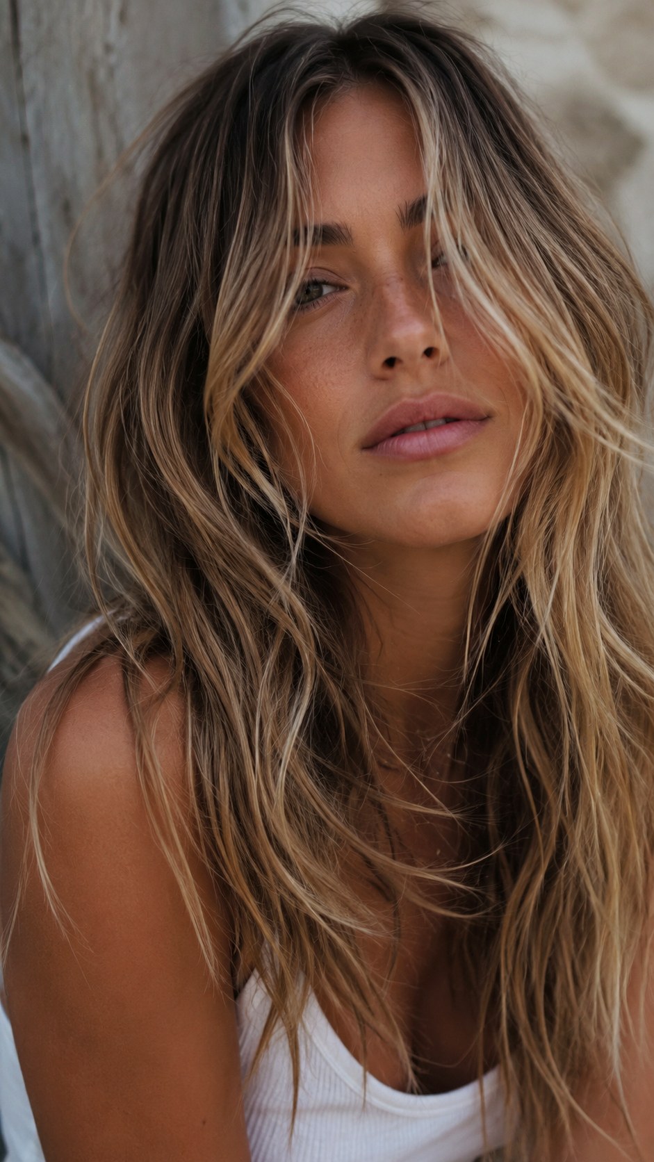 Bronde Beachy Layered Texture - 25 Long Layers with Curtain Bangs Ideas