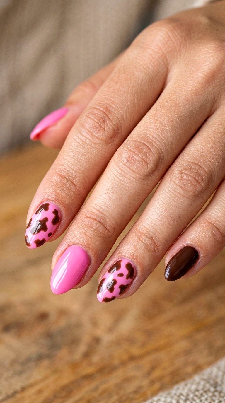 Brown And Pink Cow Print - 22 short stilleto nail with pink and brown nail art inspiration ideas