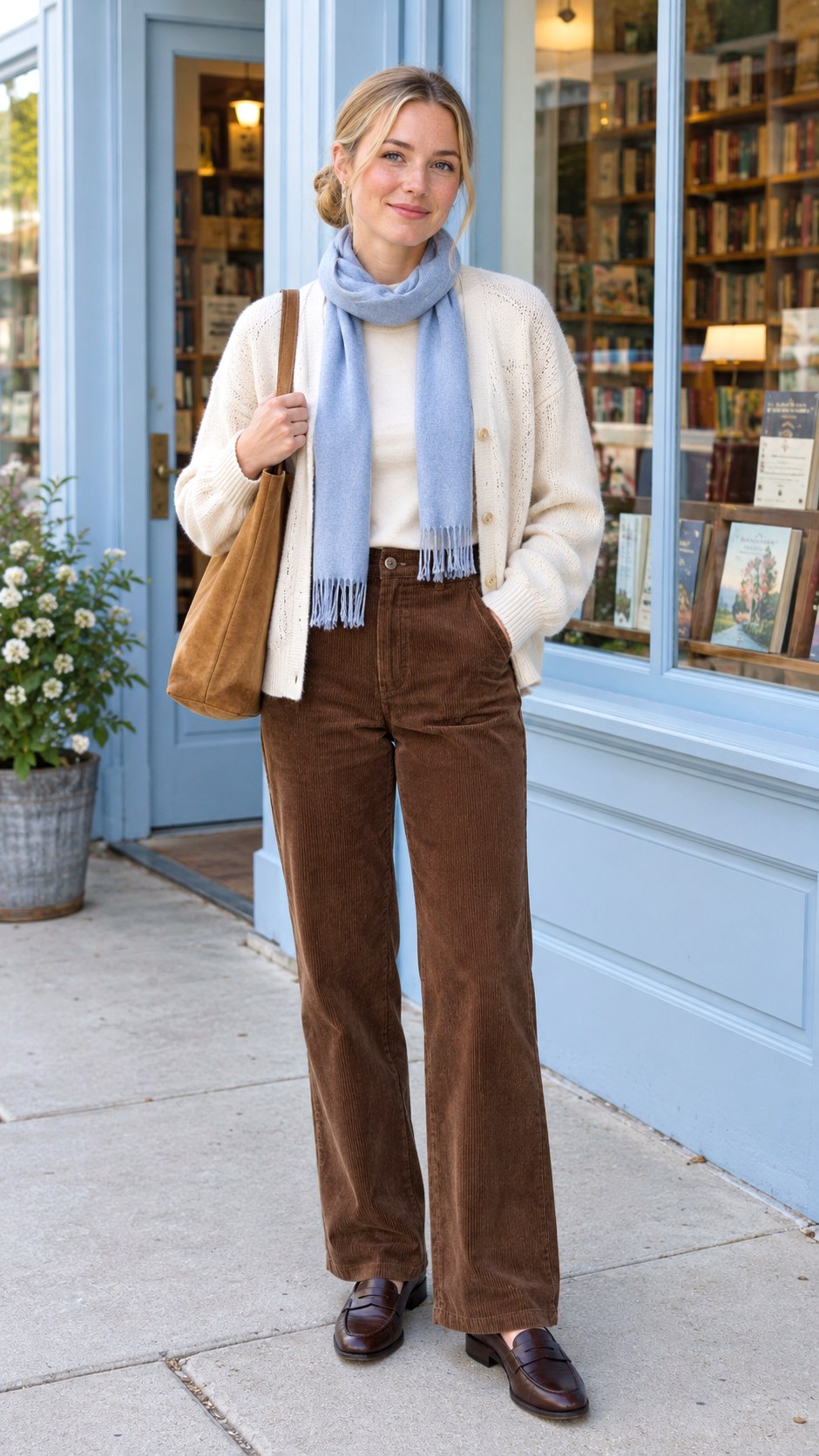 Brown Corduroy Trousers With Ivory Cardigan - 20 autumn 2026 outfits