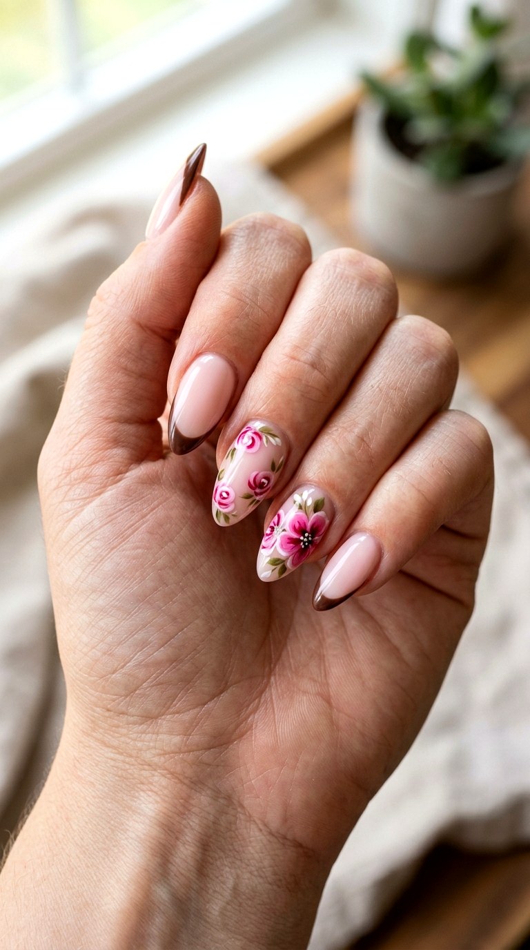 Brown French With Pink Flowers - 22 short stilleto nail with pink and brown nail art inspiration ideas
