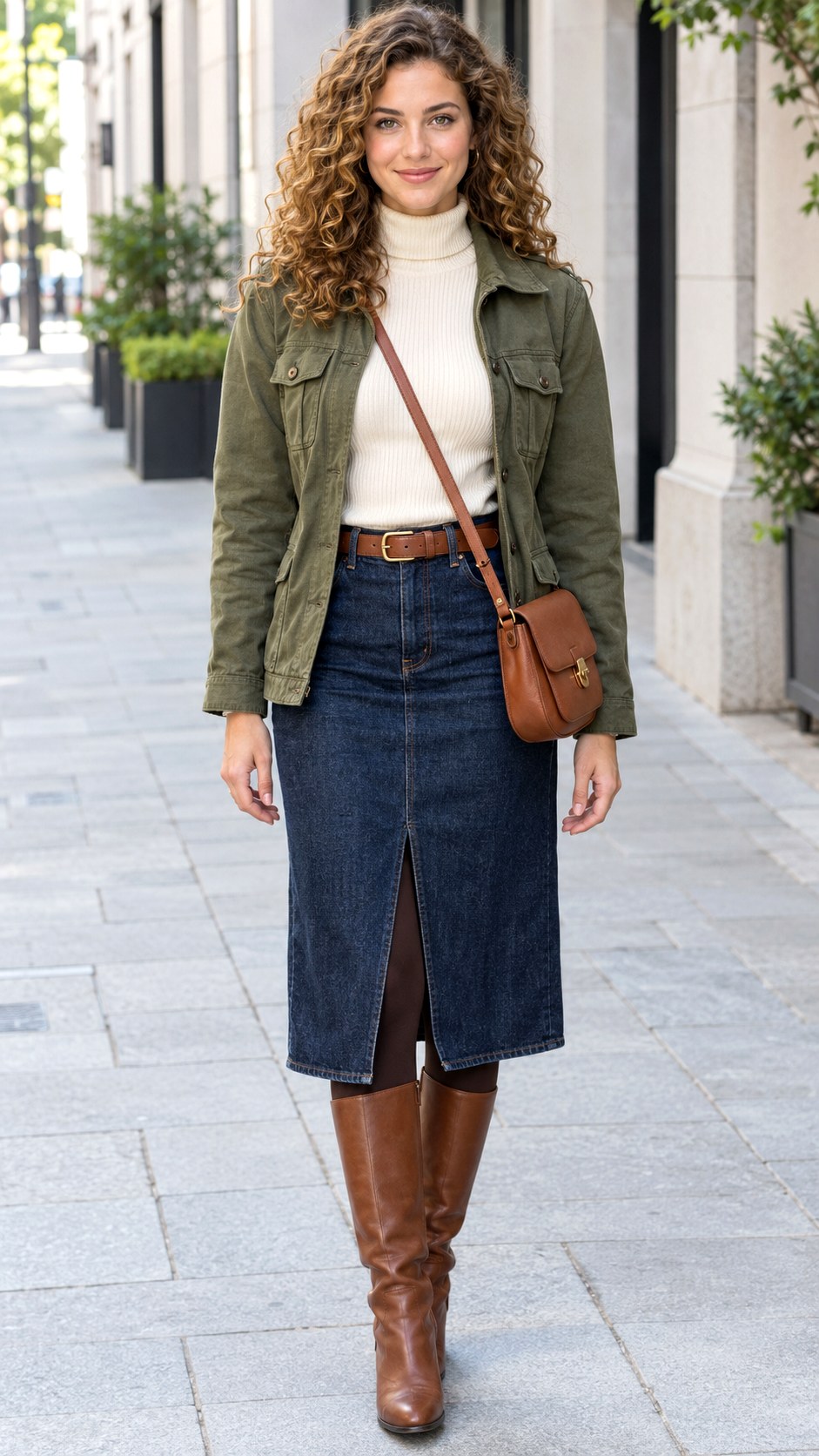 Brown Knee High Boots With Denim Skirts - 20 fall boots outfit ideas