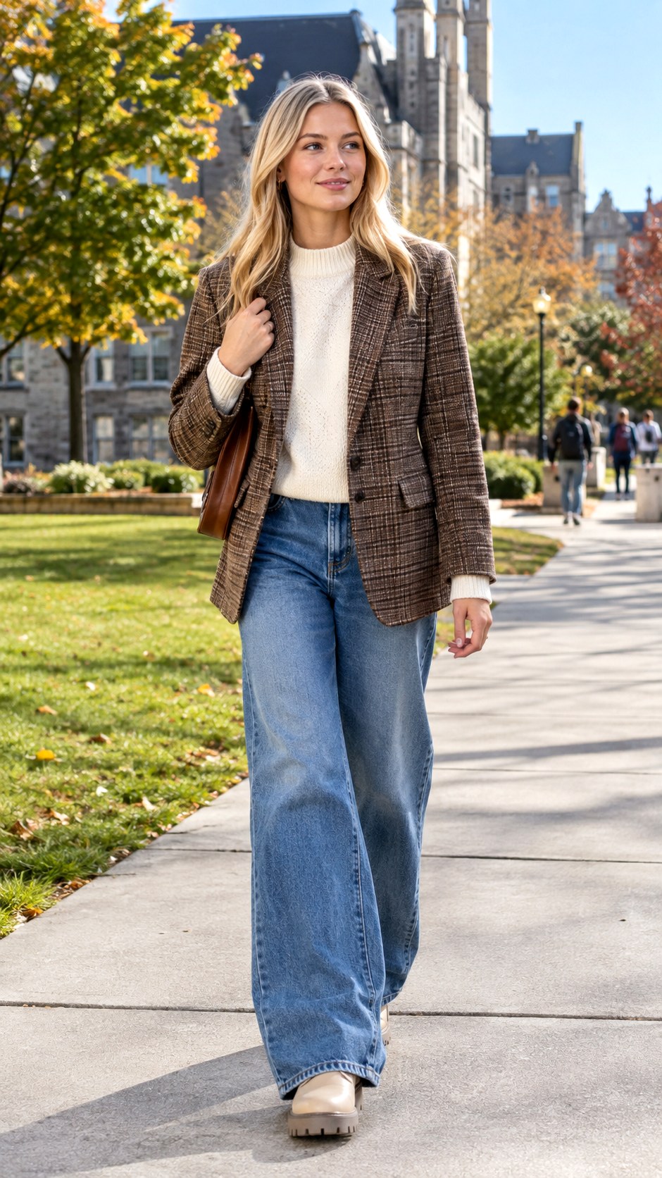 Brown Plaid Blazer And Wide Leg Jeans - 24 blazer and jeans outfit ideas