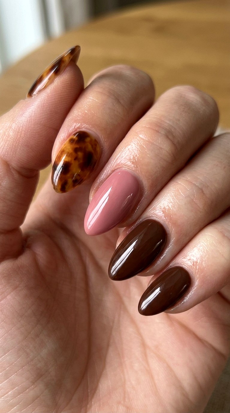 Brown Tortoiseshell Accent Nails - 22 short stilleto nail with pink and brown nail art inspiration ideas