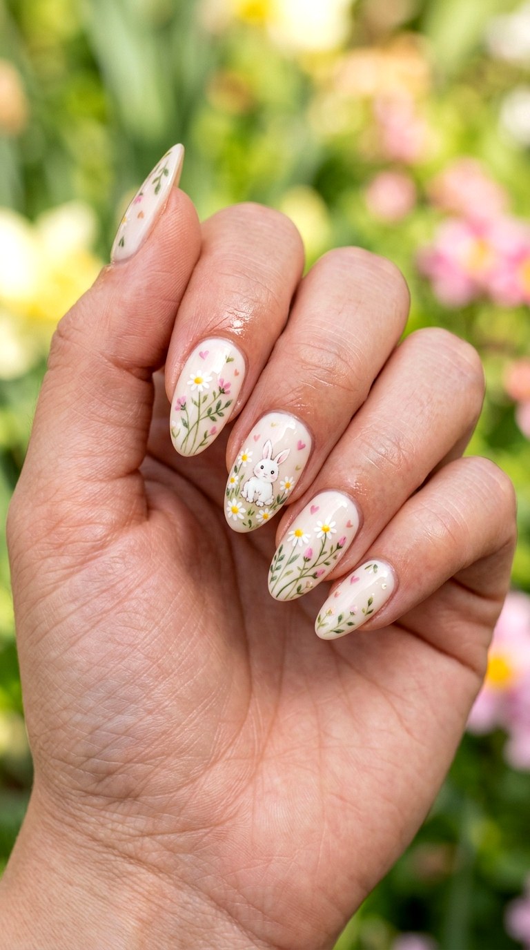 Bunny Garden Heart Nails - 25 sweet heart bunny nails idea