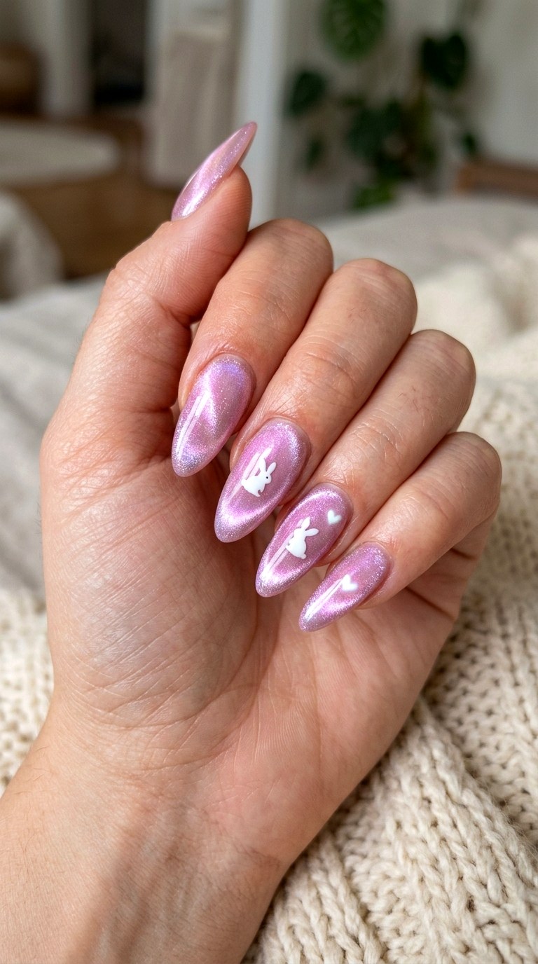 Bunny Heart Cat Eye Nails - 25 sweet heart bunny nails idea