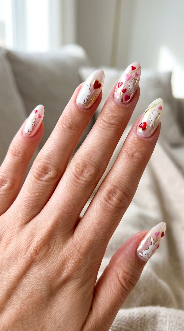 Bunny Heart Chrome Nails - 25 sweet heart bunny nails idea