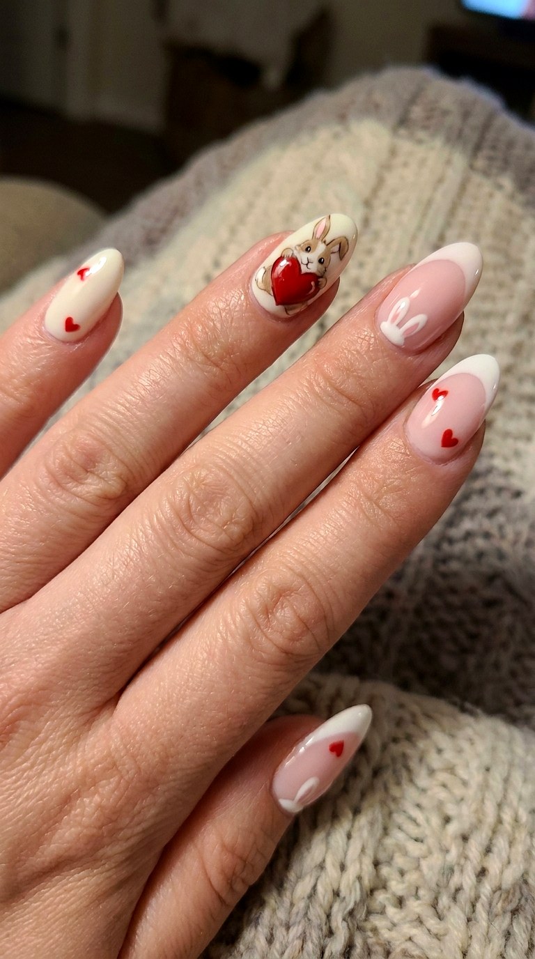 Bunny Hug Heart Nails - 25 sweet heart bunny nails idea