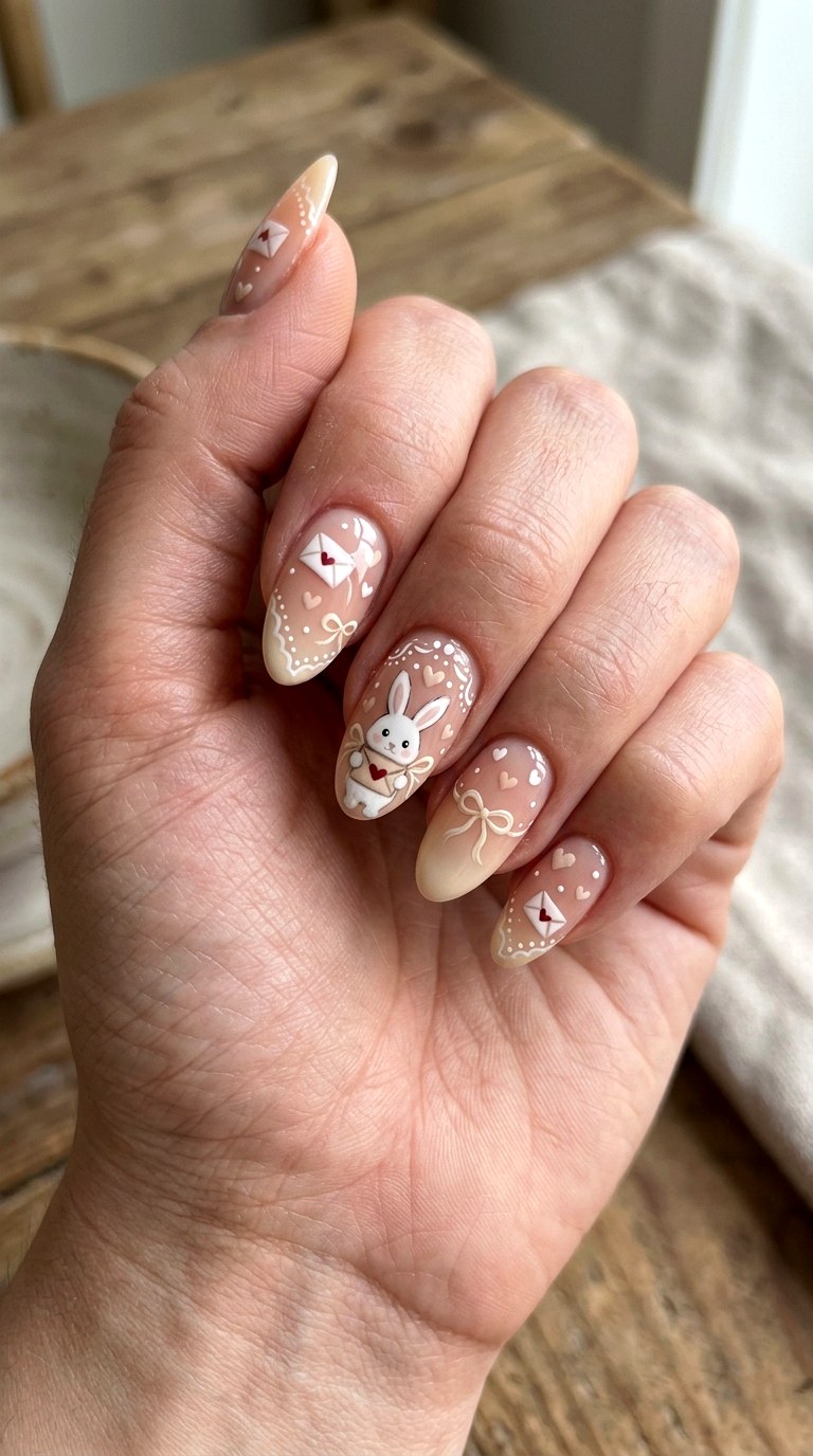 Bunny Love Letter Nails - 25 sweet heart bunny nails idea