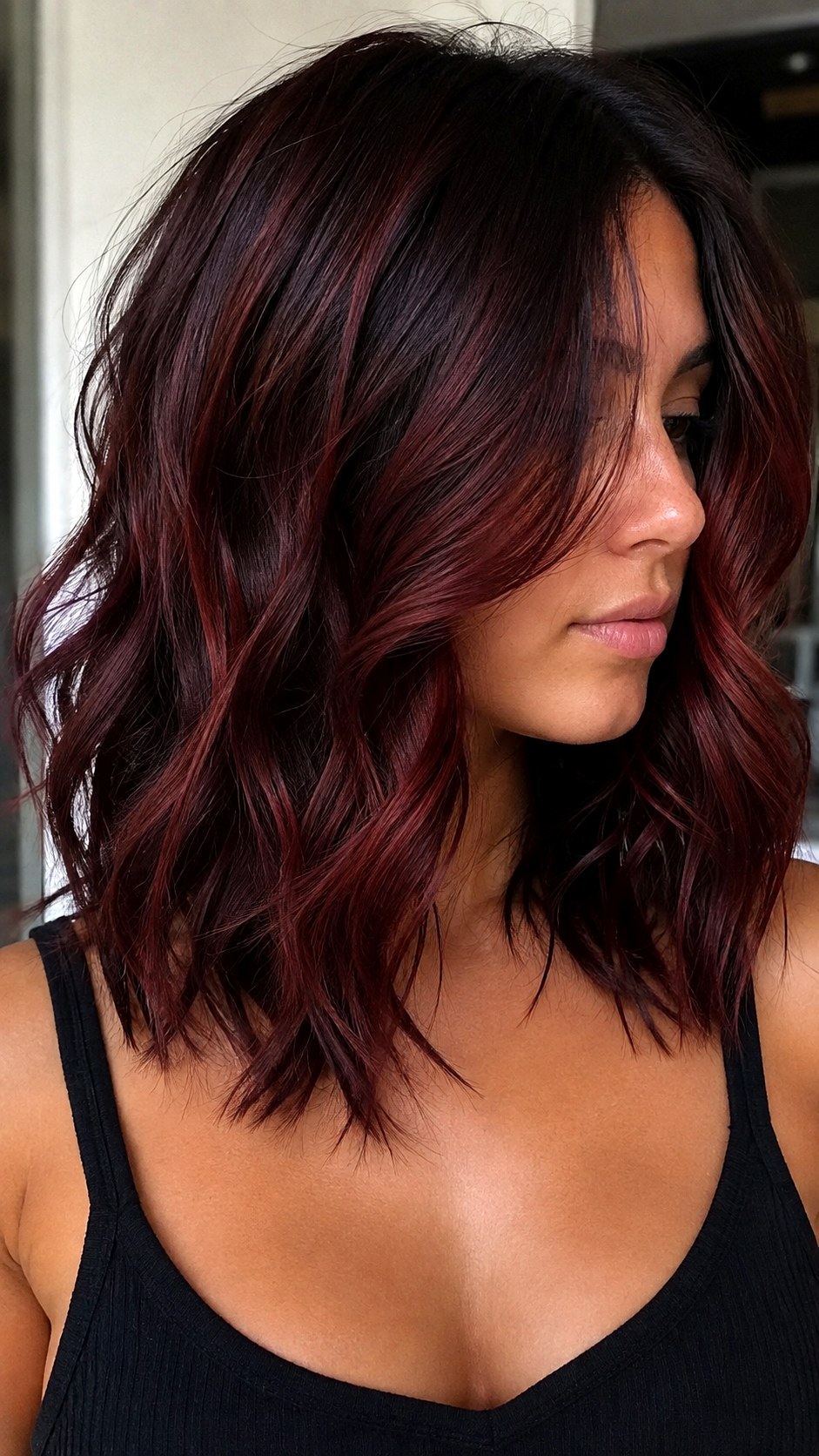 Burgundy Balayage on Soft Waves - 22 red hair color highlights ideas