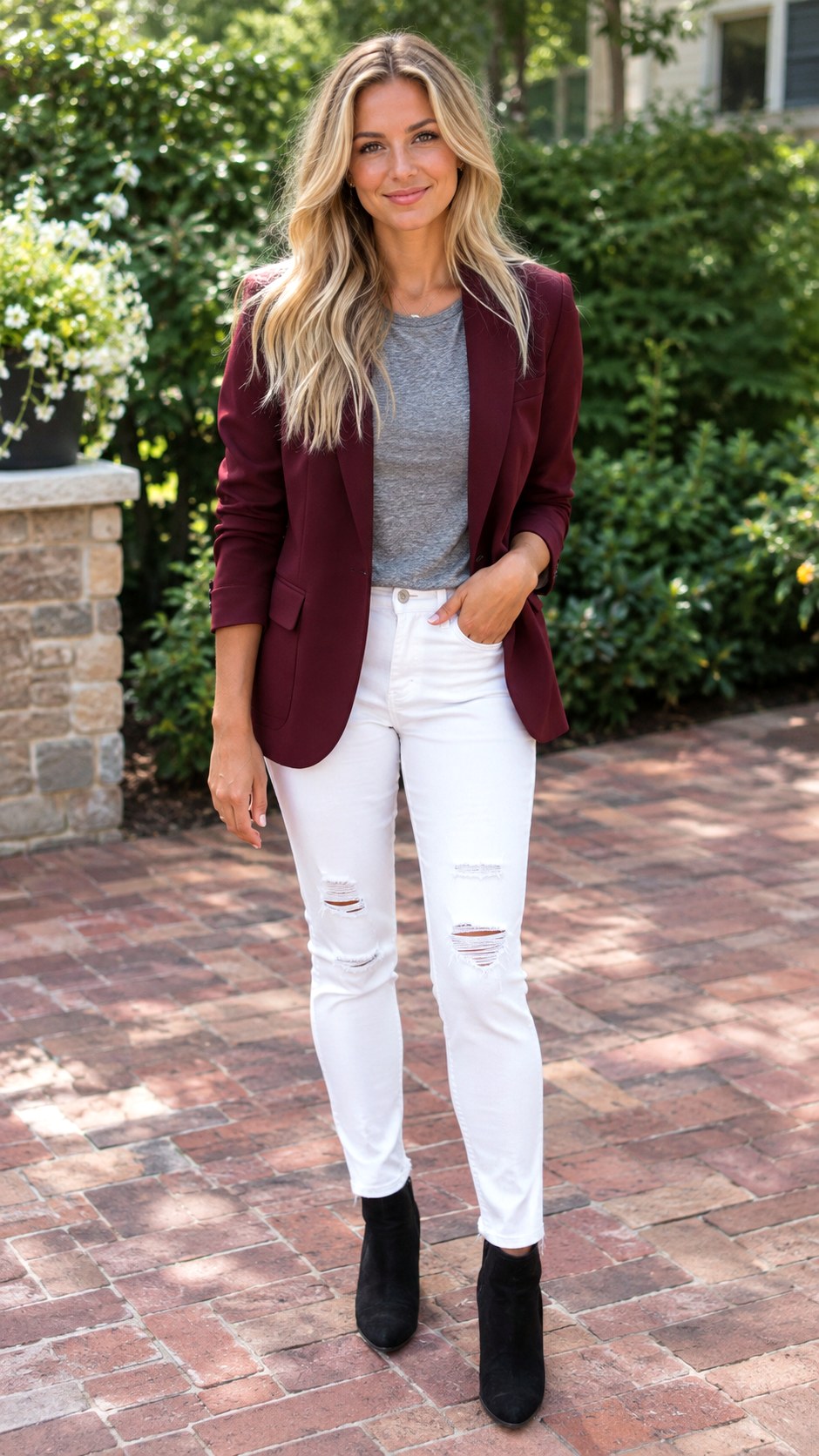 Burgundy Blazer And Distressed White Jeans - 24 blazer and jeans outfit ideas