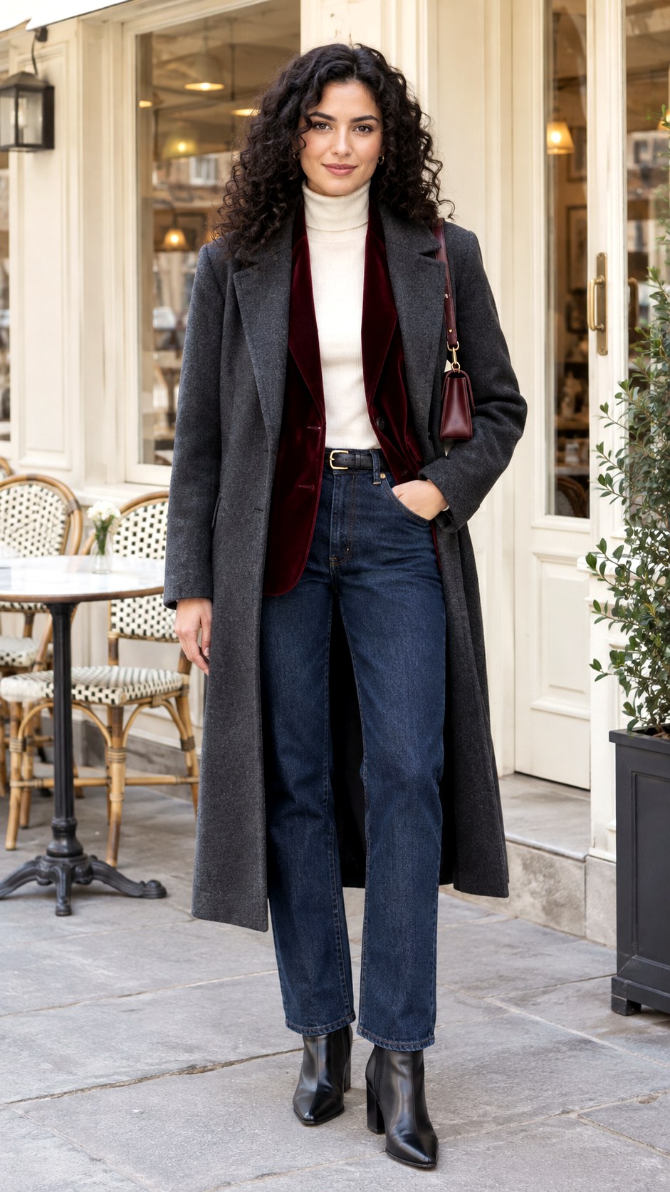 Burgundy Blazer With Dark Straight Jeans - 20 birthday outfit winter ideas