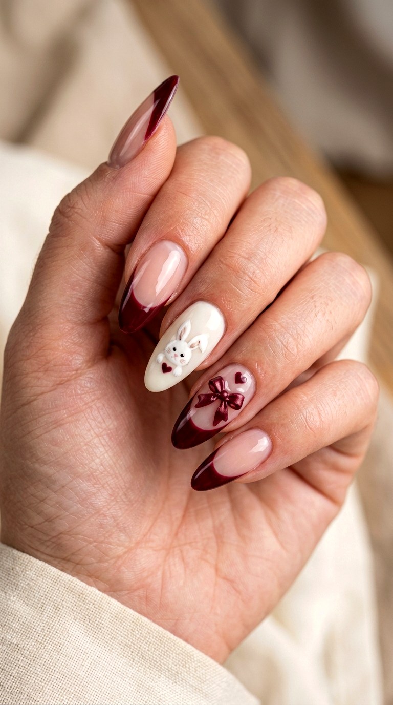 Burgundy Bunny Coquette Nails - 25 sweet heart bunny nails idea