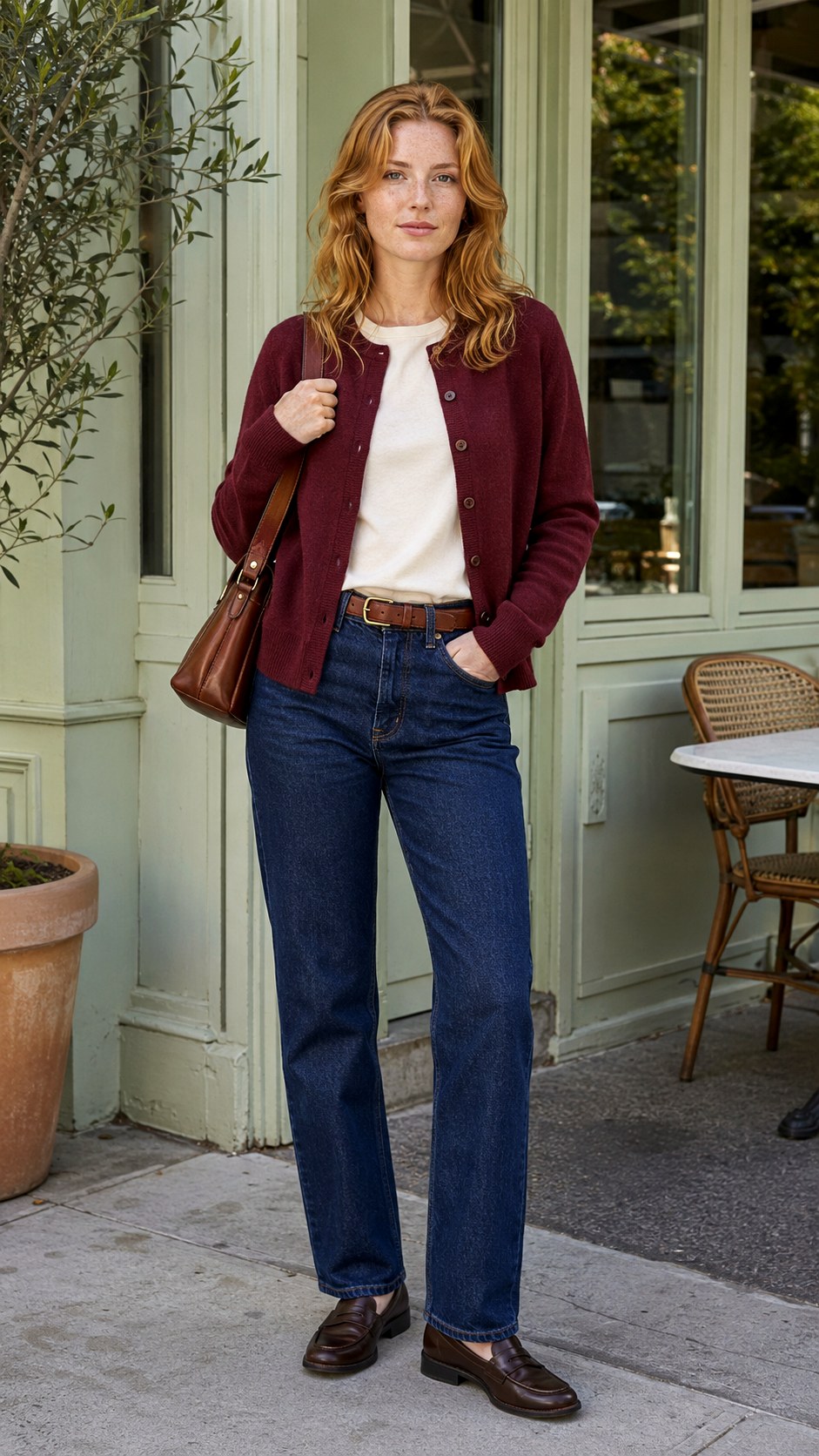 Burgundy Cardigan With Dark Blue Jeans - 20 fall capsule wardrobe ideas