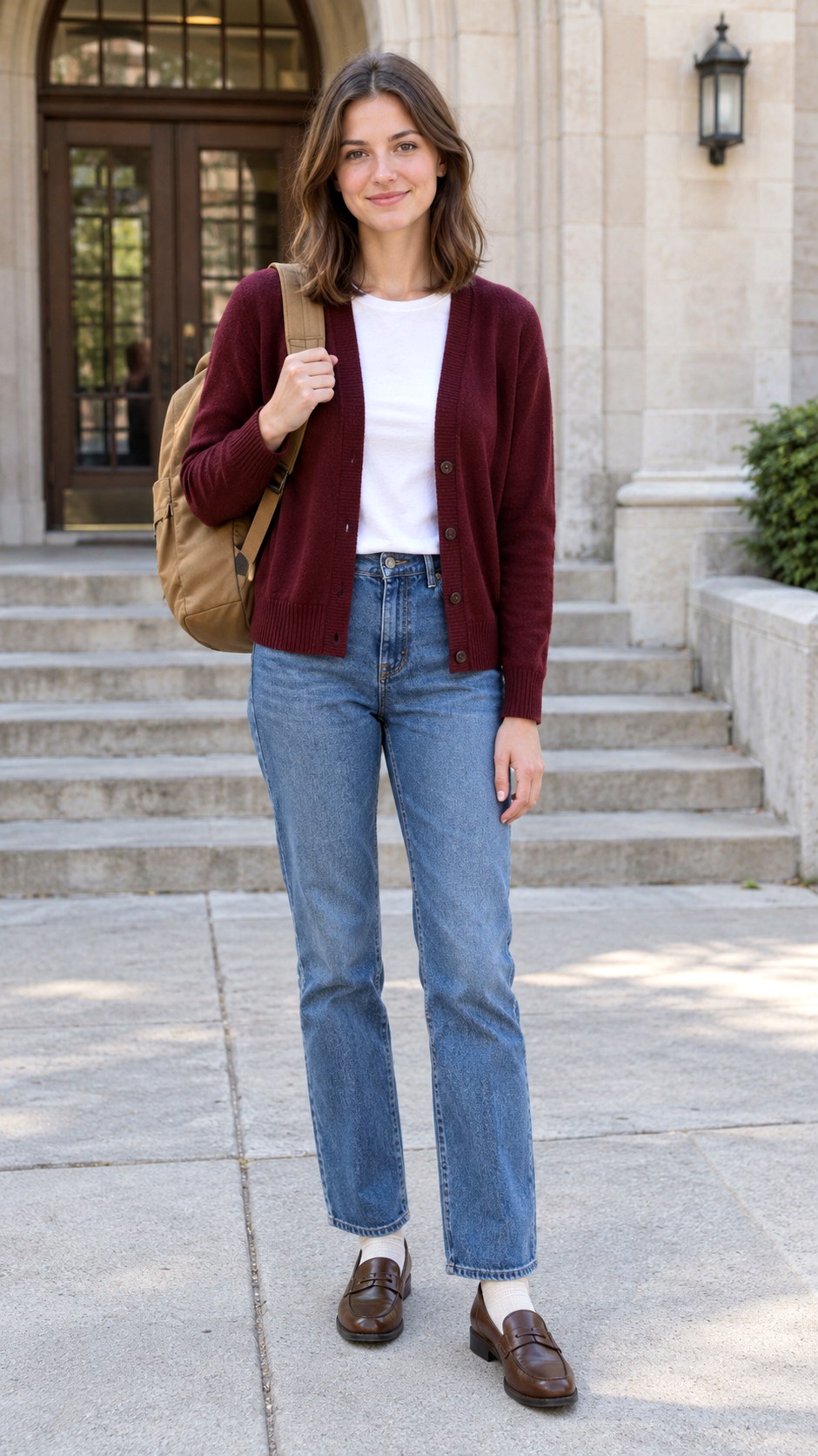 Burgundy Cardigan With Straight Leg Jeans - 20 fall outfits for school