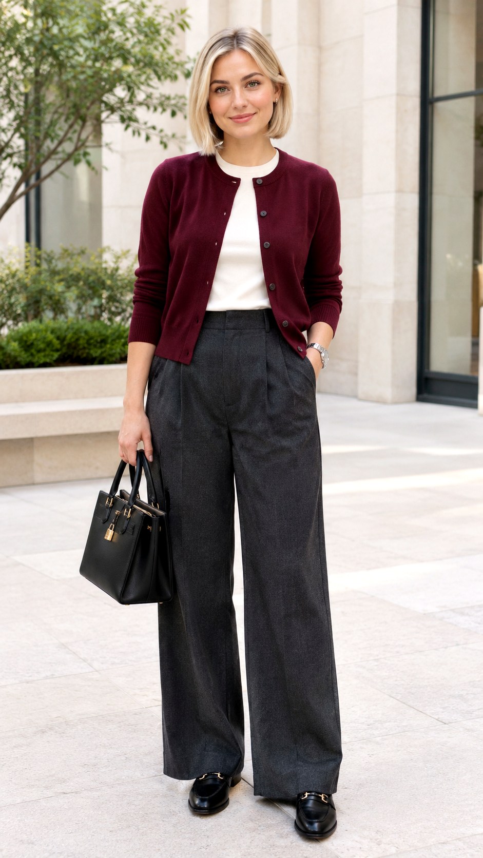 Burgundy Cardigan With Wide Leg Trousers - 20 autumn outfits 2026