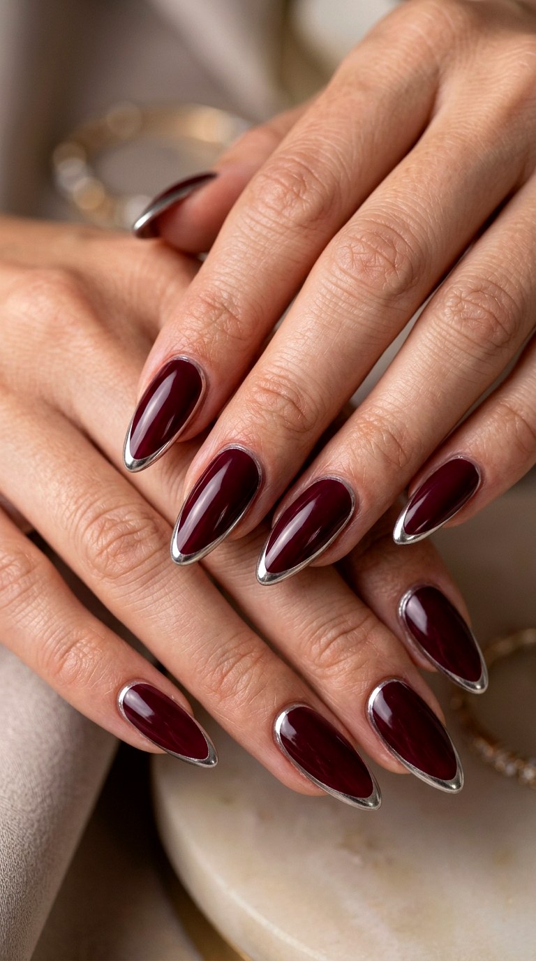 Burgundy Chrome Outline Glam - 20 luxury Chrome outline nail ideas