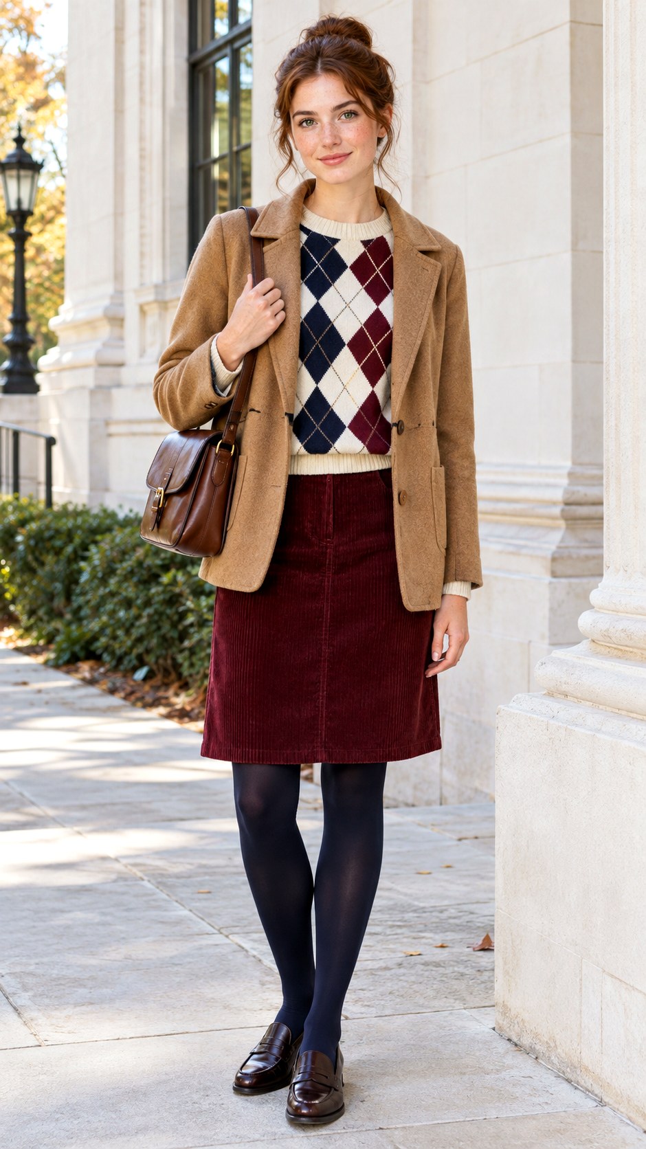 Burgundy Corduroy Skirt With Argyle Knit - 20 fall skirt outfits