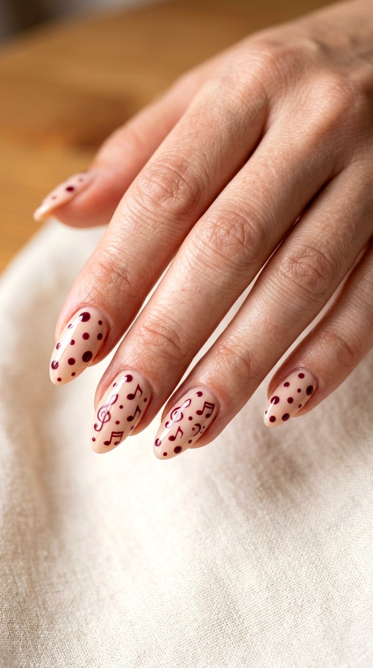 Burgundy Dot Music Nails - 20 polka dots musical notes Nail design ideas