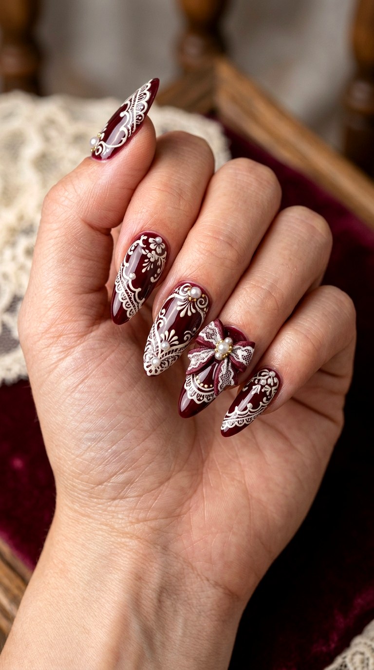 Burgundy Lace Coquette Set - 21 coquelte lace nail ideas