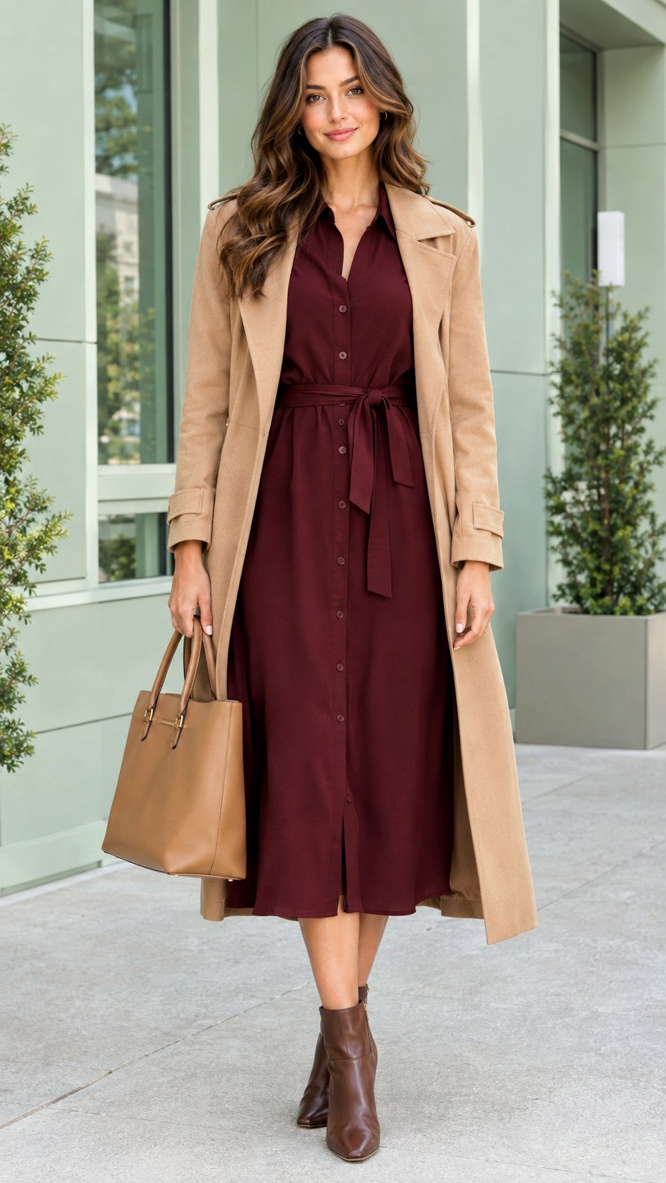Burgundy Shirt Dress With Ankle Boots - 20 fall business casual outfits