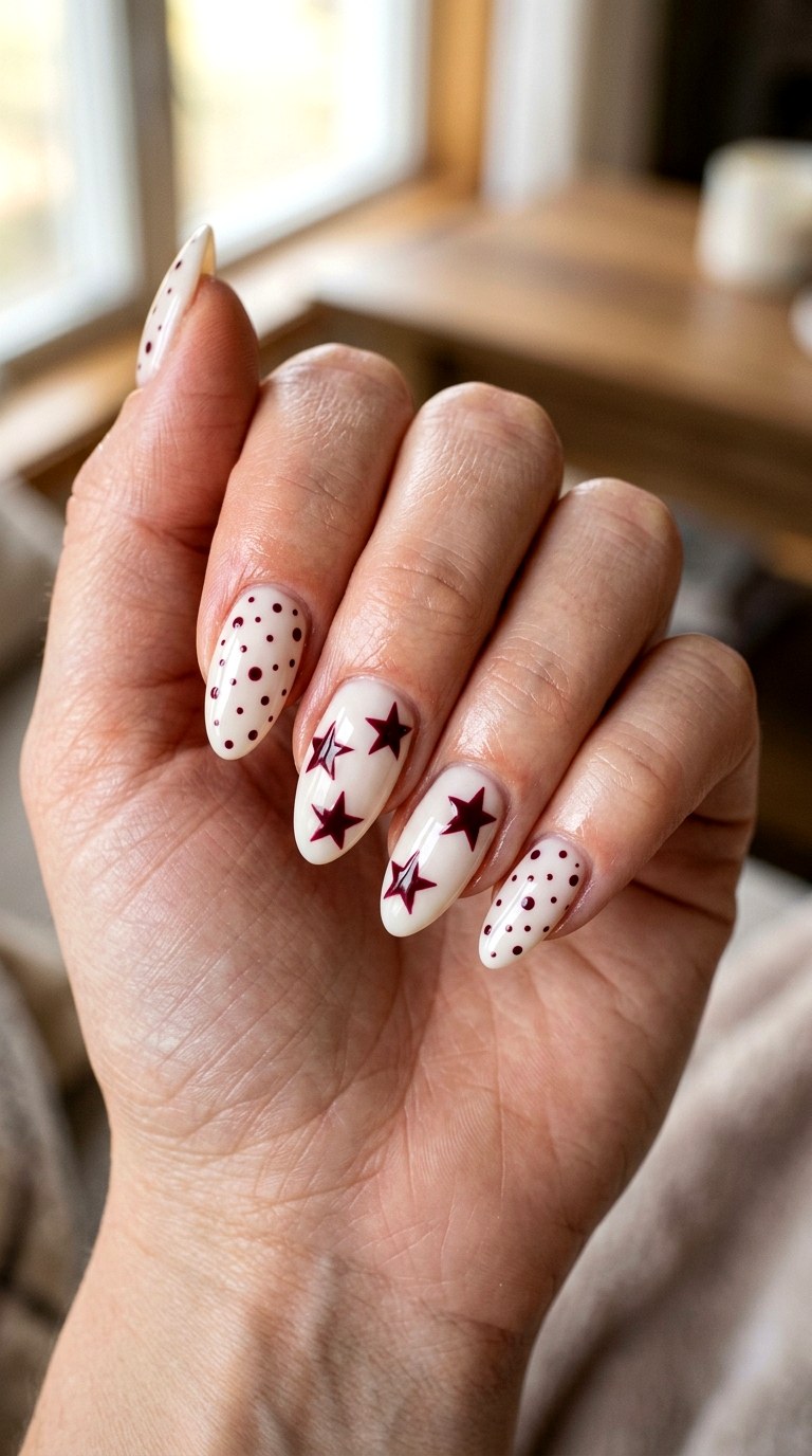Burgundy Stars and White Dots - 20 Star and polka dots Nail design ideas