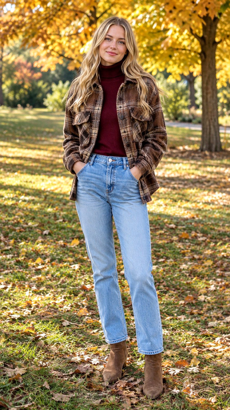 Burgundy Turtleneck And Denim - 24 check shacket outfit ideas