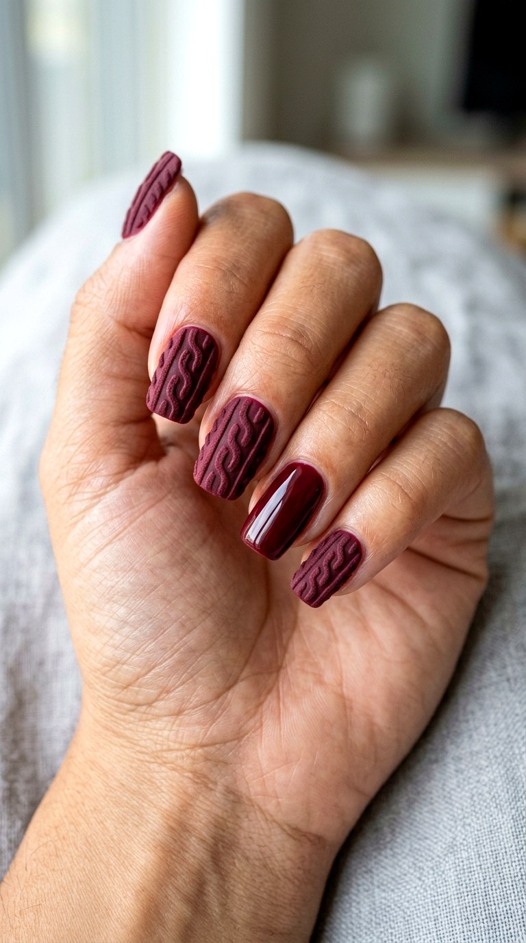 Burgundy Wine Knit Nail Art - 23 sweater nails fall nail art design ideas