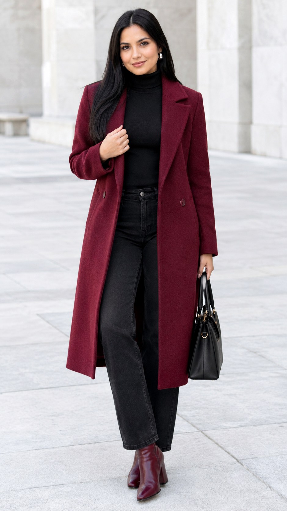 Burgundy Wool Coat With Black Denim - 20 baddie winter outfits
