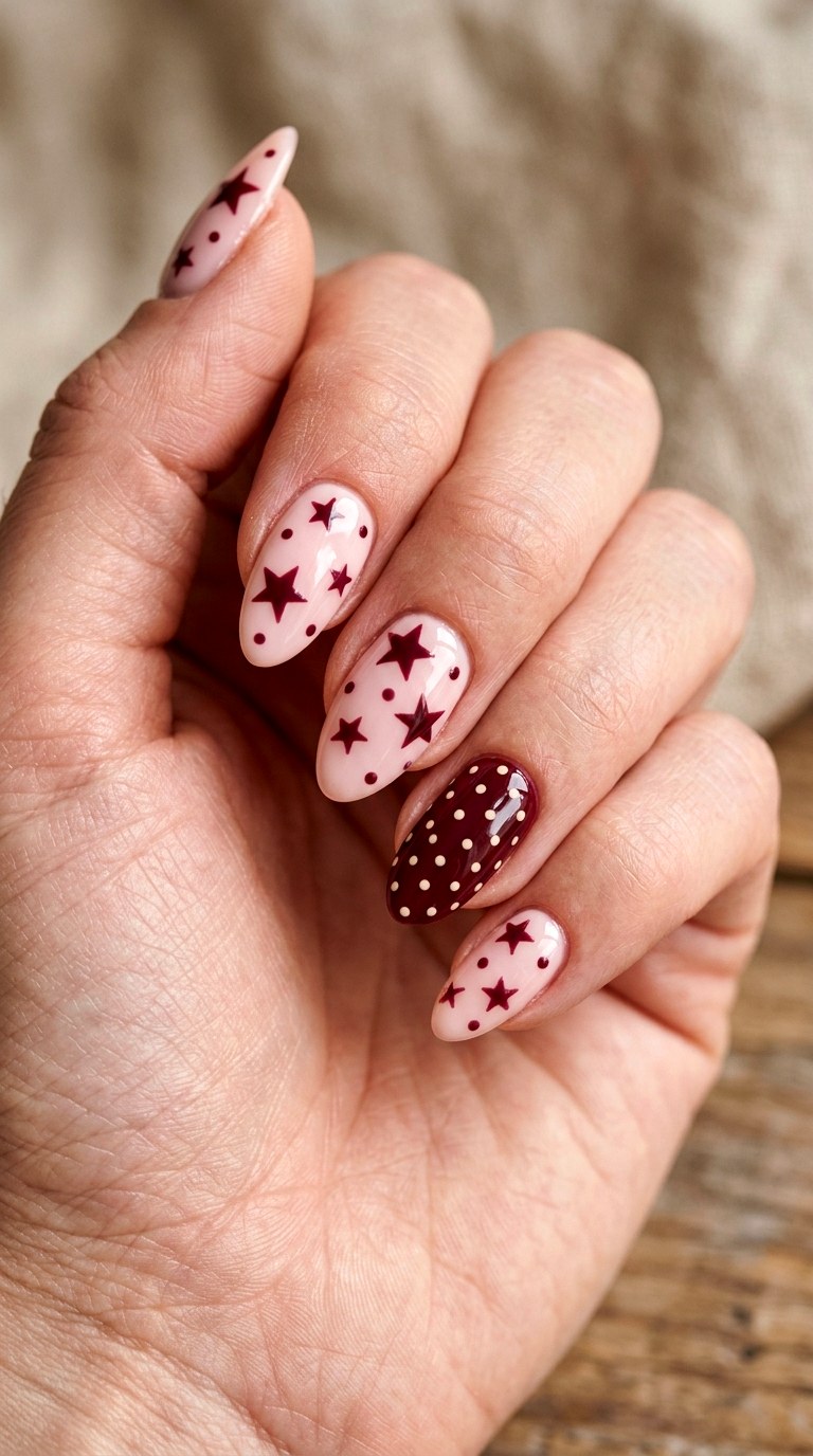 Burgundy and Blush Stars - 20 Star and polka dots Nail design ideas