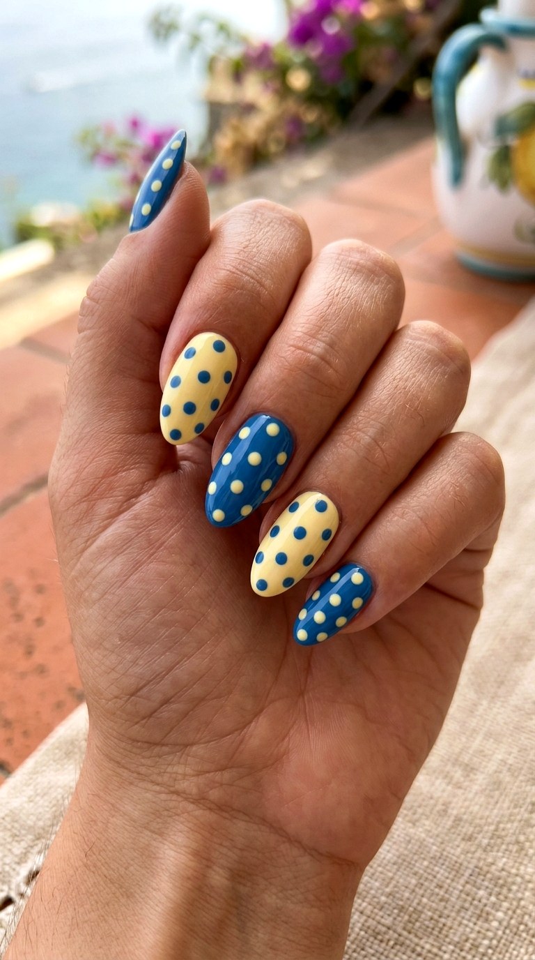 Butter Yellow And Blue - 21 Italian summer polka dot Nail ideas