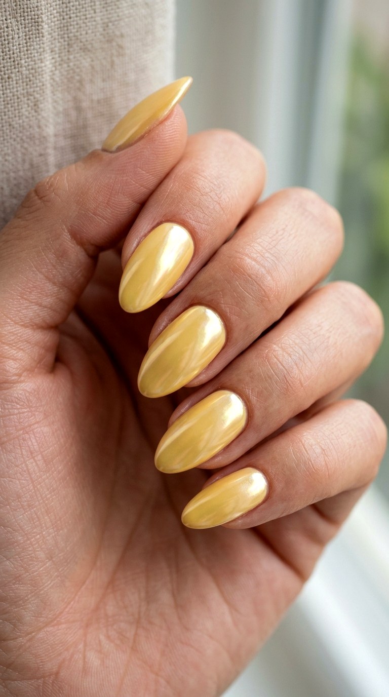 Butter Yellow Chrome Glow Nails - 22 sunlit tips Yellow nail design ideas