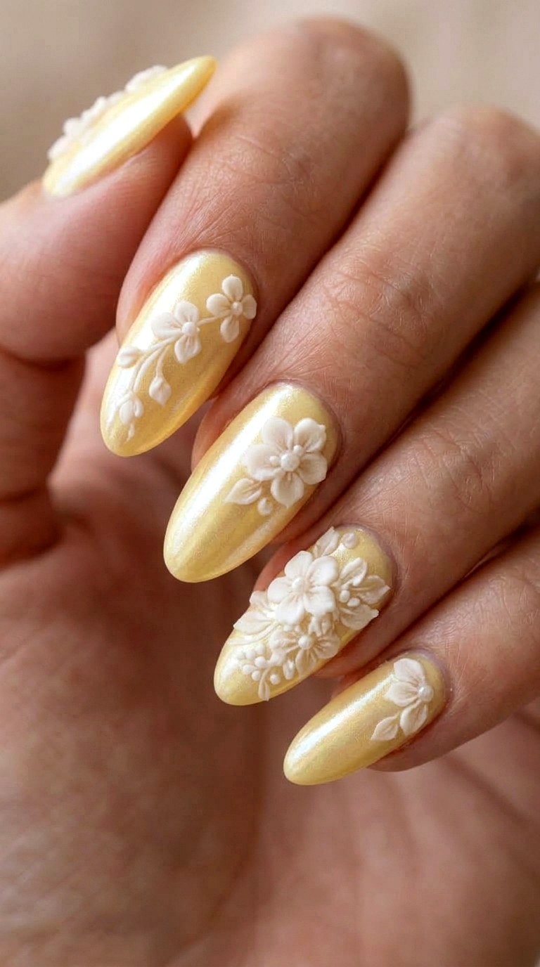 Butter Yellow Floral Chrome Nails - 22 sunlit tips Yellow nail design ideas