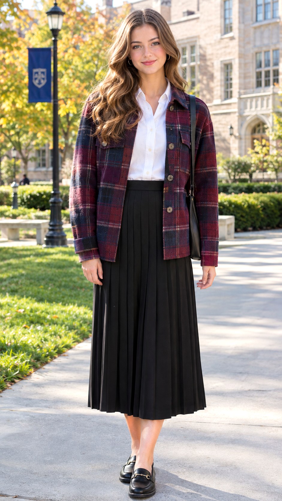 Button Down Shirt And Pleated Skirt With Plaid Shacket - 23 plaid shacket outfit women ideas
