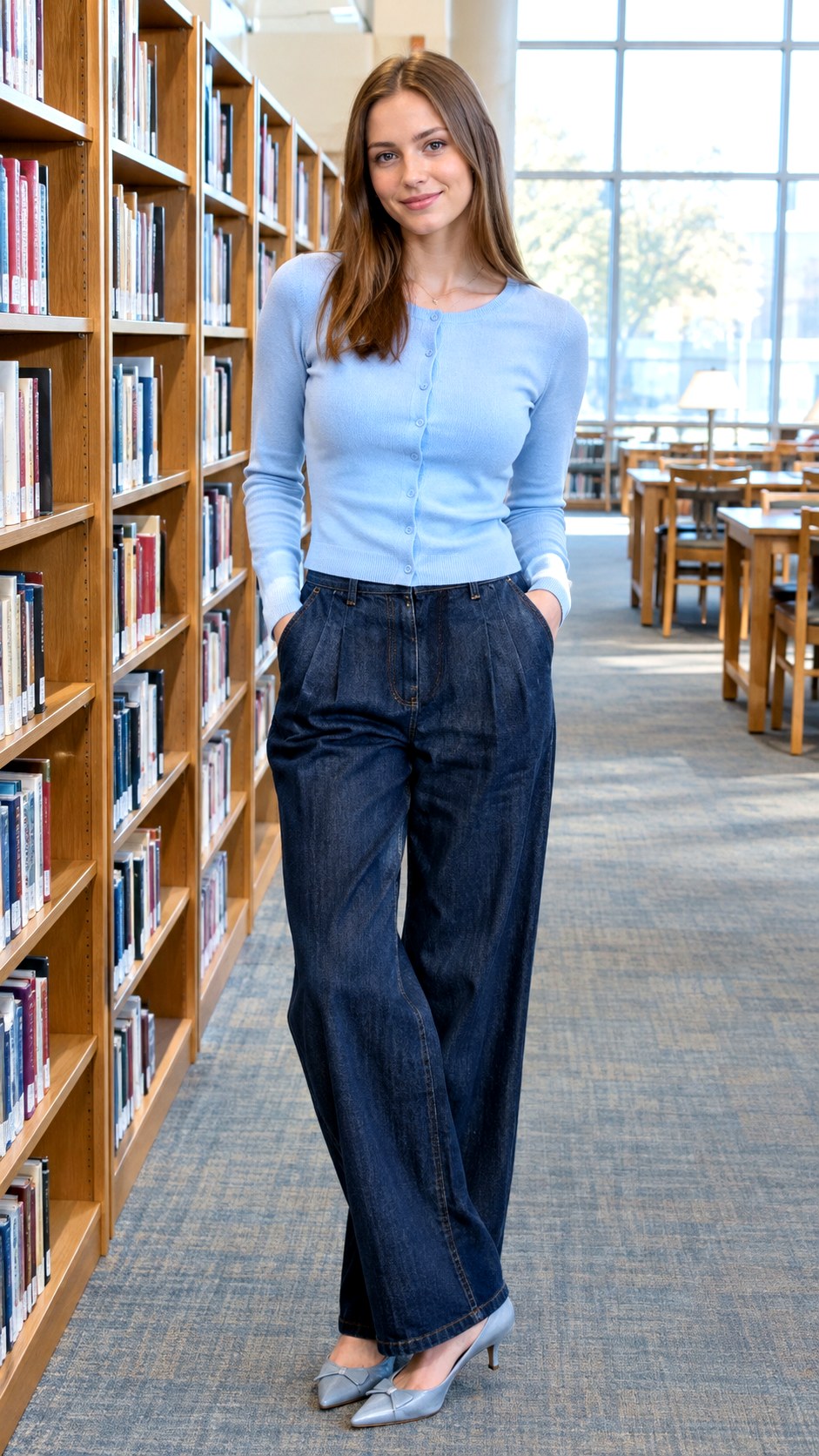 Button Up Cardigan and Pleated Jeans - 24 sweater and jeans outfit ideas