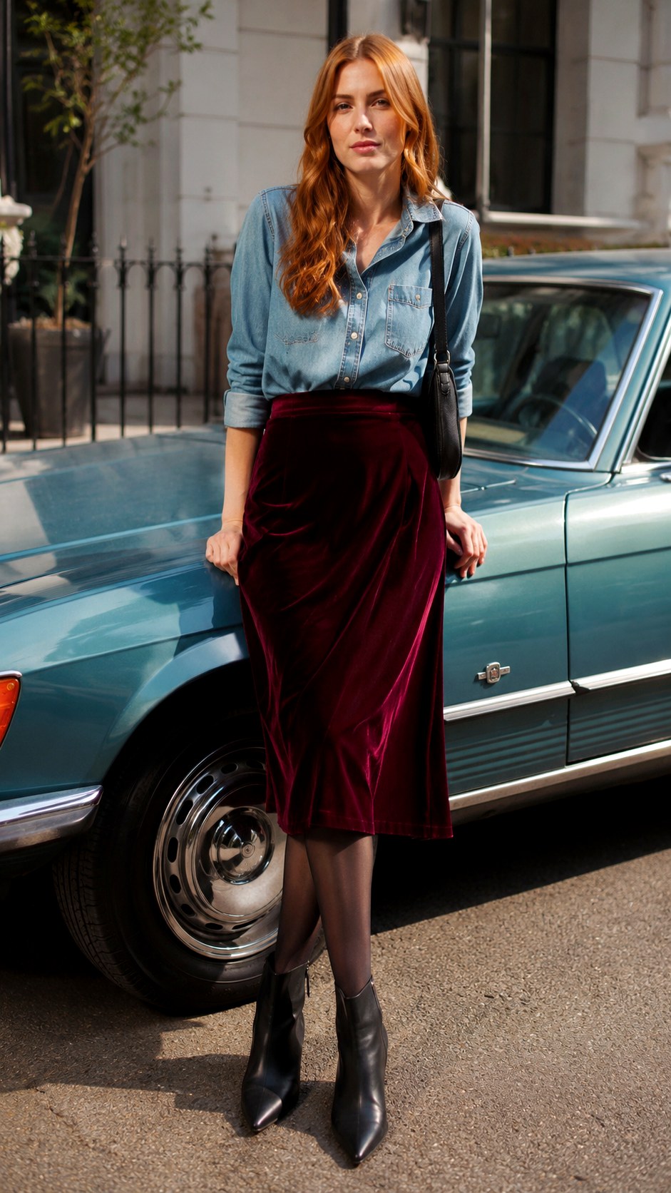 Button Up and Velvet Skirt with Tights - 23 Skirt with Tights Outfit Ideas