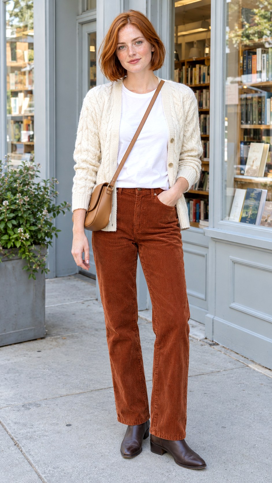 Cable Knit Cardigan With Corduroy Pants - 20 comfy fall outfits