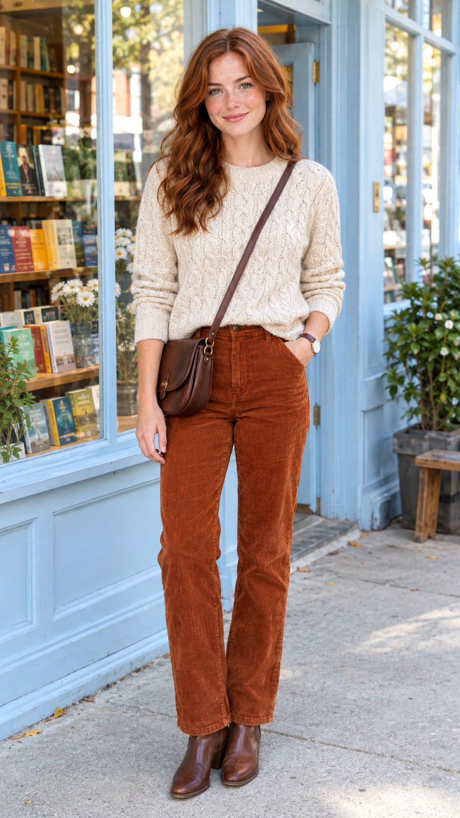 Cable Knit Sweater With Corduroy Trousers - 20 autumn outfit ideas