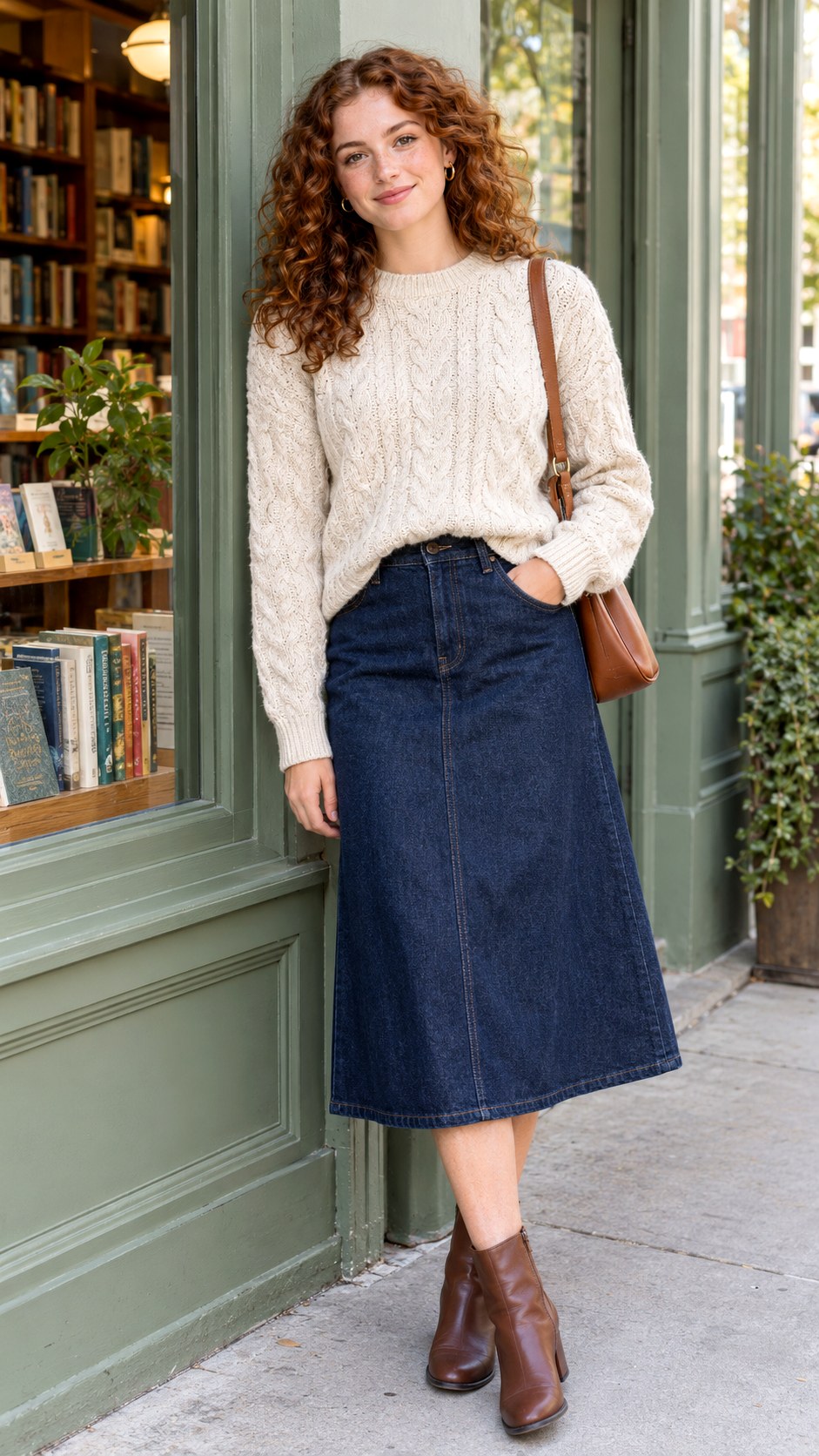 Cable Knit Sweater With Dark Denim Skirt - 20 2026 autumn outfits