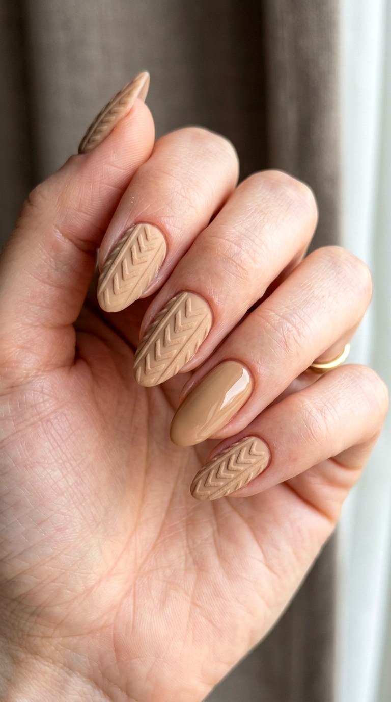 Camel Beige Sweater Stitch Nails - 23 sweater nails fall nail art design ideas