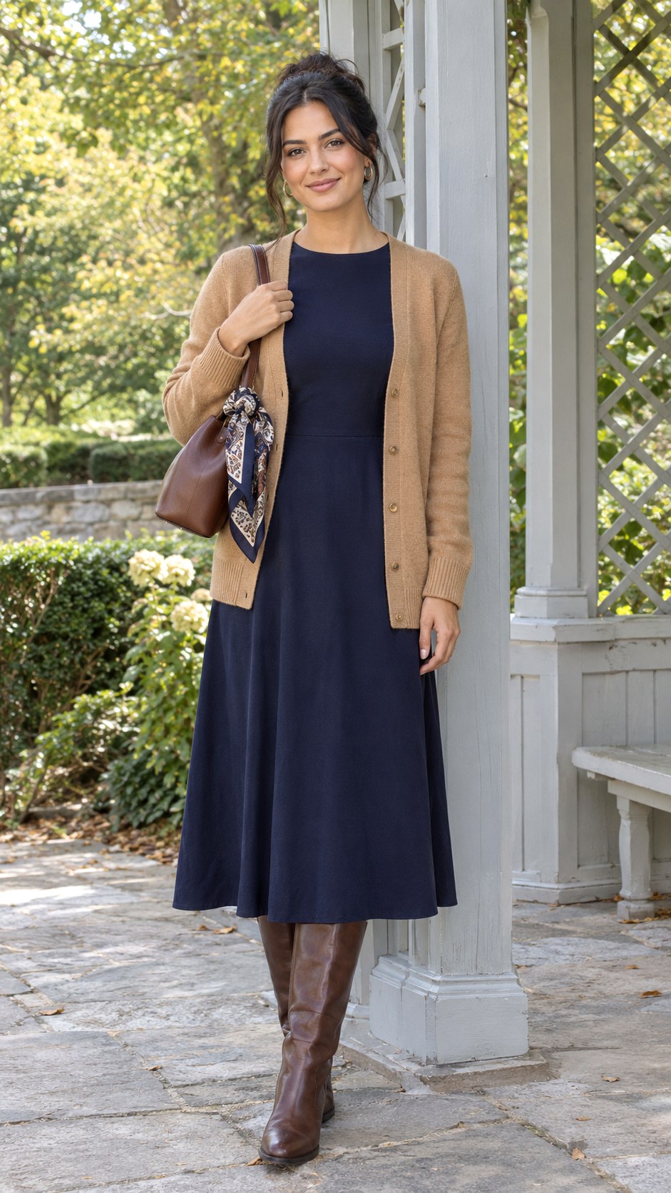 Camel Cardigan With Navy Midi Dress - 20 autumn 2026 outfits